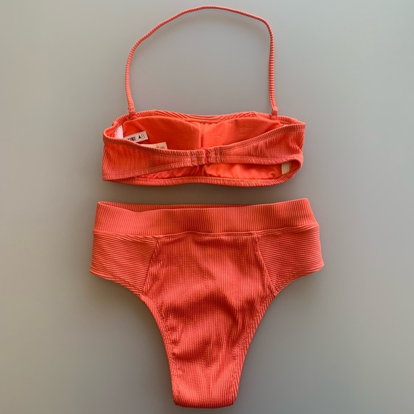 NWOT Bikini Lab Two-Piece High Waisted Ribbed Bikini in Hot Coral | Medium - Picture 2 of 6